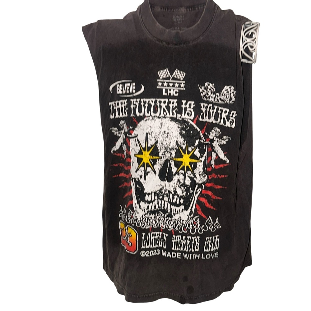 VTG Style Lonely Hearts Club The Future Is Yours Skull Muscle T Black Men Large
